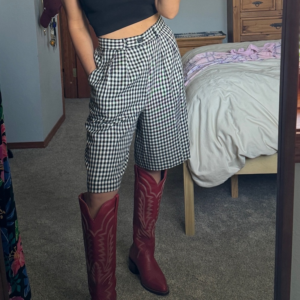 Vintage Rayon Pleated Gingham Bermuda Shorts - Picture 2 of 10